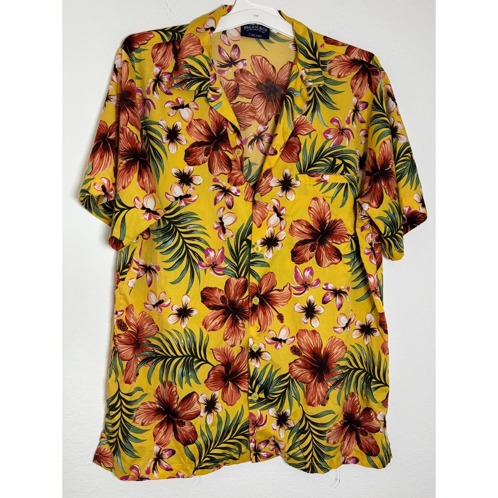 Pacific & Co Mens Yellow Hibiscus Tropical Floral Hawaiian Camp Shirt Size M